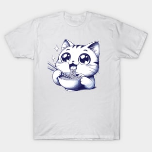 Cute Anime Kawaii Neko Cat Eating Ramen Noodles T-Shirt